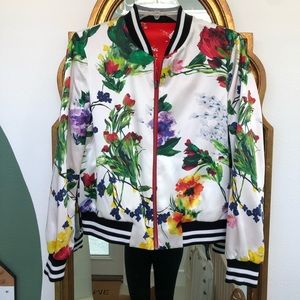 Alice + Olivia White Floral Bomber Jacket with Multicolor Blooms